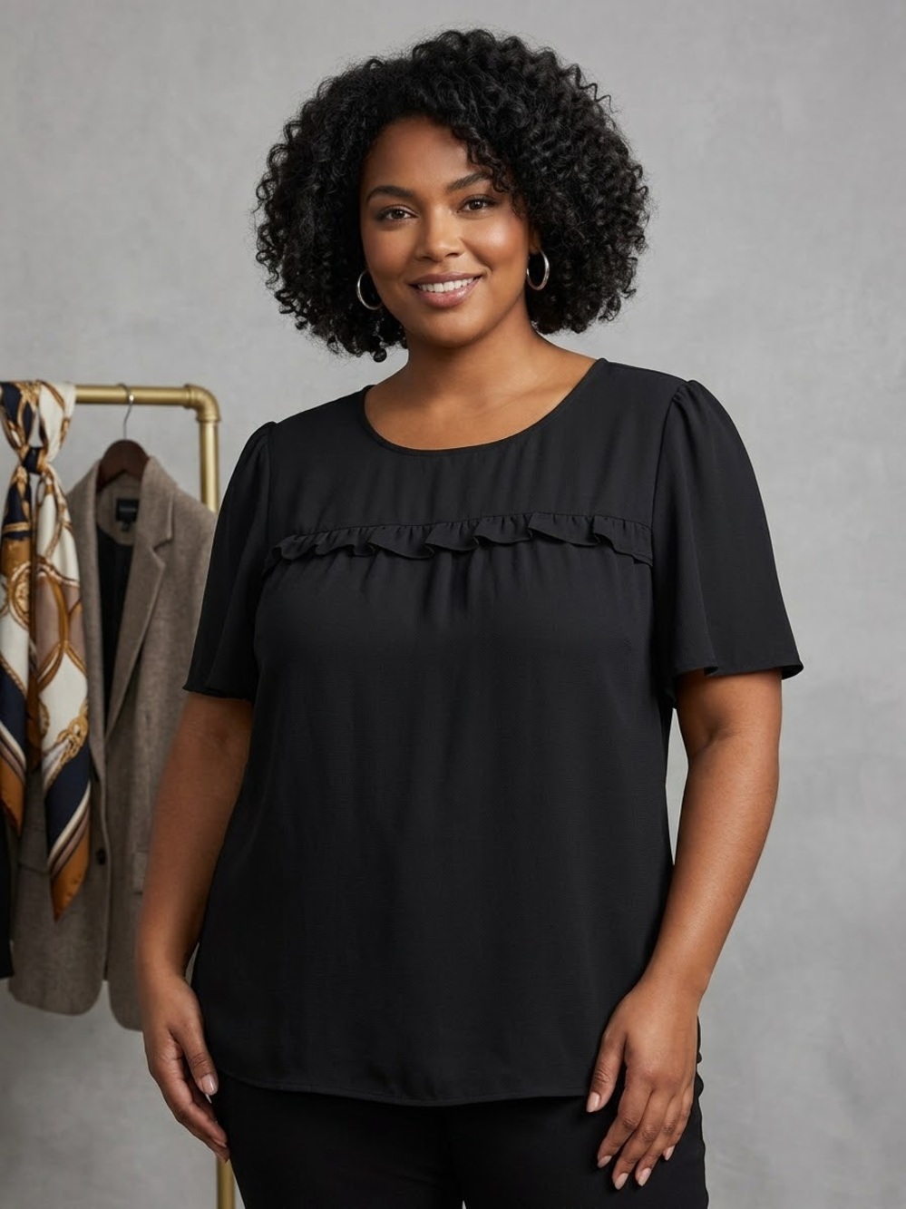 NWT Pleione Black Short Sleeve Ruffle-Yoke Blouse plus size